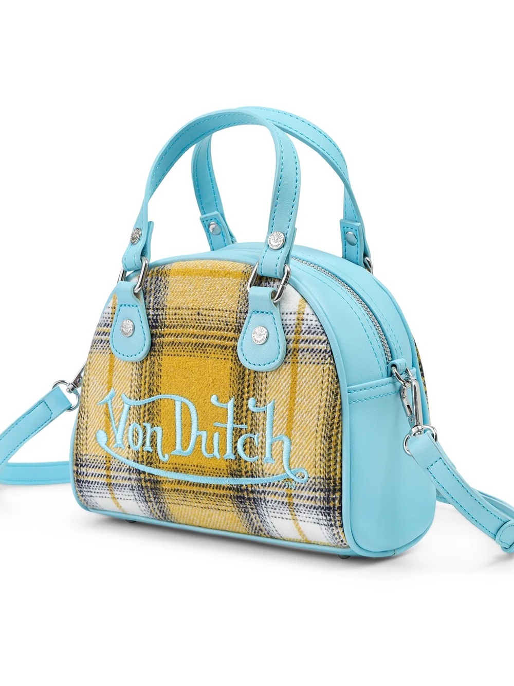 Von Dutch Yellow Plaid Mini Satchel with Light Blue Trim - Picture 3 of 9